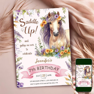Invitación Niña cumple 7 años montando en caballo con estampa