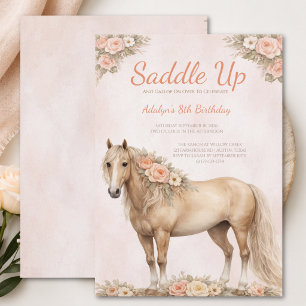 Invitación Niña Cumpleaños 8 años con caballo y flor de meloc