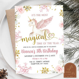 Invitación Niña Cumpleaños Floral Unicornio Mágico Rosa Inver
