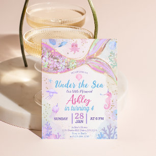 Invitación Niña Cumpleaños Sirena Brillo Rosa Bajo El Mar