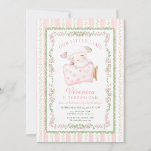 Invitación Niña Cumpleaños Uno Corderito Rosa Floral Monísima