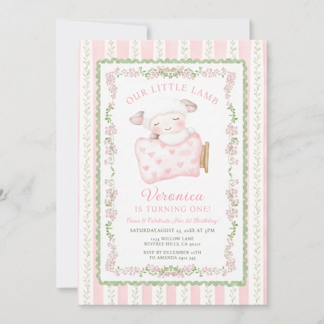 Invitación Niña Cumpleaños Uno Corderito Rosa Floral Monísima (Anverso)