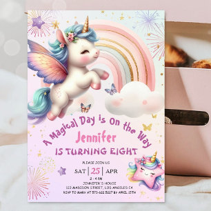 Invitación Niña de 8 años cumpleaños Unicornio Morado Rosa Ar
