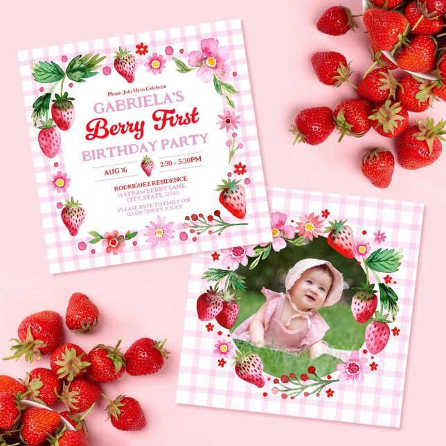 Invitación Niña de acuarela de fresas Cumpleaños número 1 Fot (Watercolor Strawberries Girl 1st Birthday Photo Invitation)