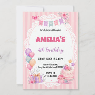 Invitación Niña de acuarela rosa pastel cumpleaños torta flor