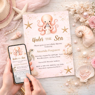 Invitación Niña de animales del océano bajo el mar rosa Baby