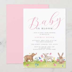 Invitación Niña de Animales Dulces Bebé en Flor Bebé Cumpleañ