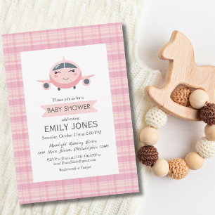 Invitación Niña de Avión Dulce Baby Shower Rosa y Gris