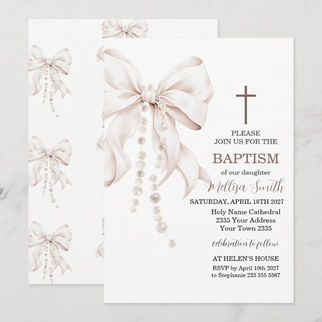 Invitación Niña de Bautizo con Lazo (Anverso / Reverso)