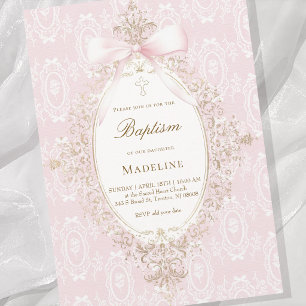 Invitación niña de Bautizo con lazo rosa
