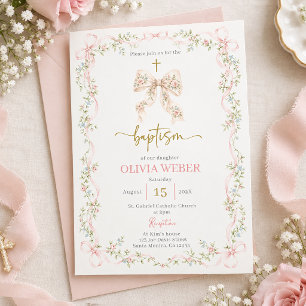 Invitación Niña de Bautizo con Lazo Rosa