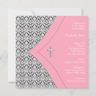 Invitación Niña de bautizo de damasco rosa y negro