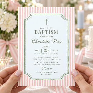 Invitación Niña de Bautizo de Raya Verde de Salvia Rosa