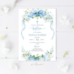 Invitación Niña de Bautizo Floral Azul