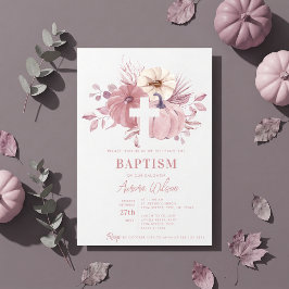 Invitación Niña de Bautizo Otoñal de Calabaza Cruz Rosa Polvo