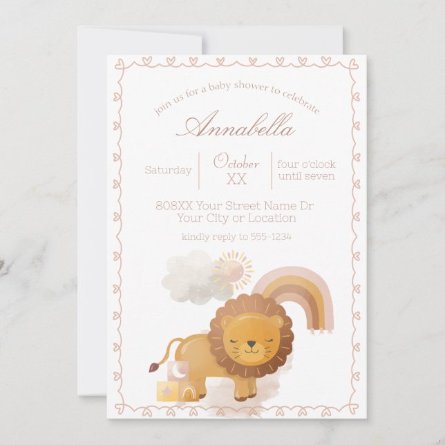Invitación Niña de boho lindo león y arcoiris (Anverso)