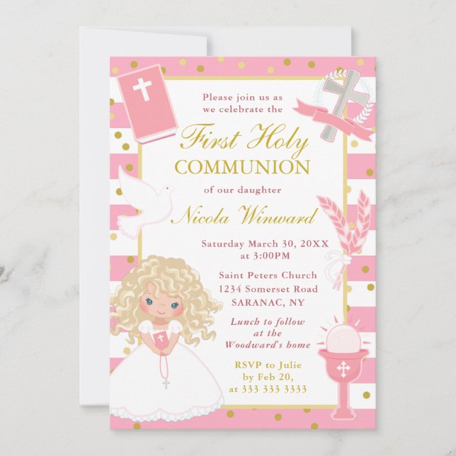 Invitación Niña de Cabello Rubio con Rayas Rosas Primera Comu (Anverso)