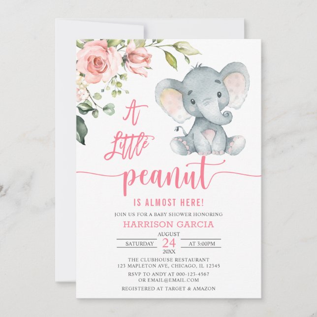 Invitación Niña de cacahuete: Elefante Baby Shower Inv (Anverso)