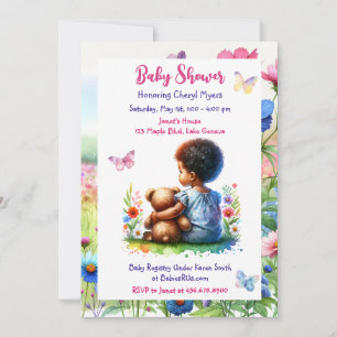 Invitación Niña de color con su Baby Shower de oso de peluche