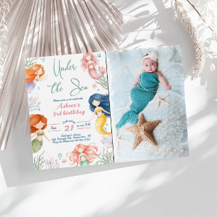 Invitación Niña de cumpleaños 3 sirena debajo del mar