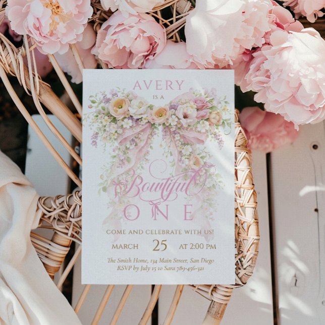 Invitación Niña de cumpleaños con lazo floral Bloom (Subido por el creador)