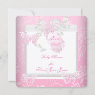 Invitación Niña de ducha de bebé bonita mariposa rosa blanca