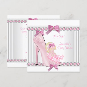 Invitación Niña de ducha de bebé linda con lunares rosados Za