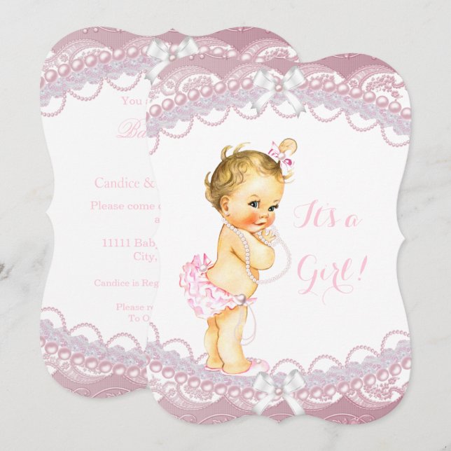 Invitación Niña de ducha de bebé linda perlas rosadas encaje  (Anverso / Reverso)
