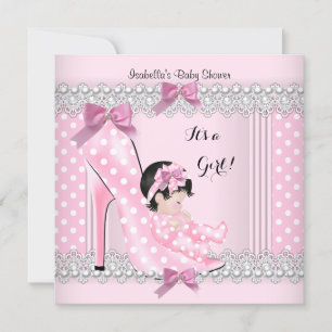 Invitación Niña de ducha de bebé linda tacón alto lunares ros