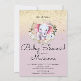 Invitación Niña de elefante rosa Cumpleaños de bebé Brillo de
