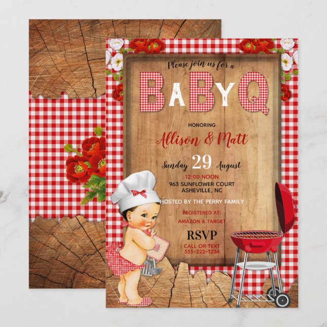 Invitación Niña de encaje rojo de cuadros con flores de mader (Anverso / Reverso)