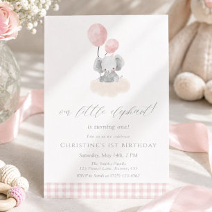 Invitación Niña de encaje rosa Elefante Cumpleaños 1 año