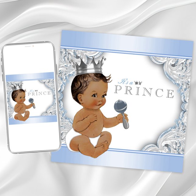 Invitación Niña de etnia bebe Blue Silver Prince Baby Shower (Baby blue silver prince baby shower invitation. Instant download and printed invitations available.)