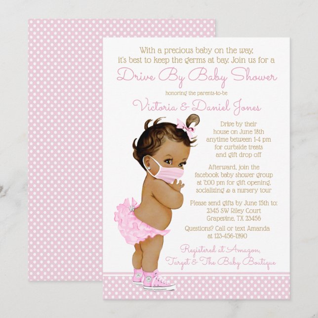 Invitación Niña De Etnia Bebé Con Máscara Manejada Por Baby S (Anverso / Reverso)