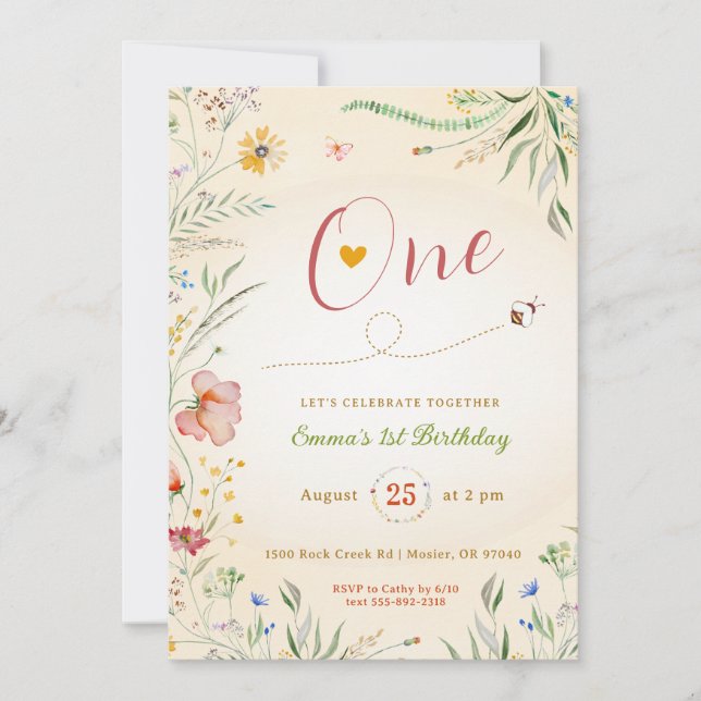 Invitación Niña de Flor Silvestre Primer Primer Cumpleaños De (Anverso)