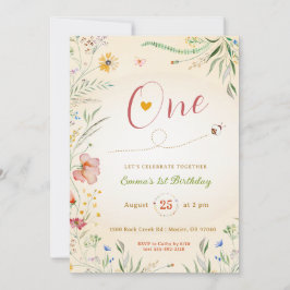 Invitación Niña de Flor Silvestre Primer Primer Cumpleaños De