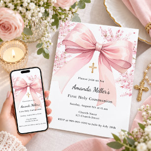 Invitación Niña de florales con lazo rosa Primera Comunión