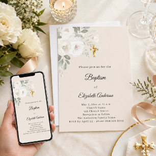 Invitación Niña de florales de champán de bautizo cruz