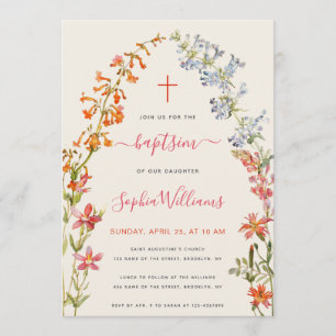 Invitación Niña de Flores Silvestres Bautizo Acuarela Floral