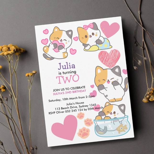 Invitación niña de gatito de 2º cumpleaños (Subido por el creador)