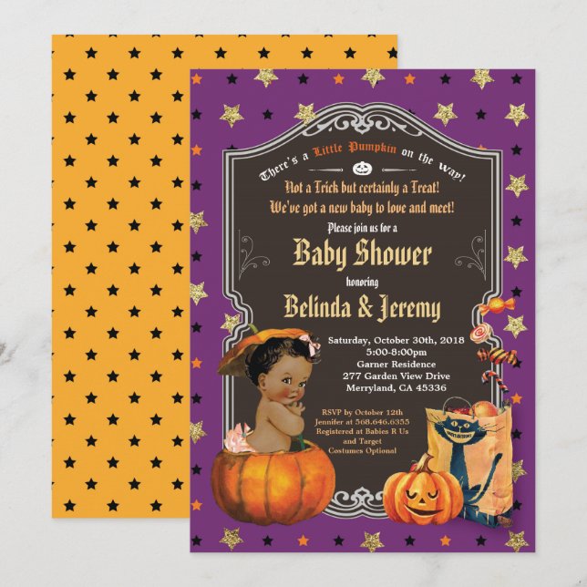 Invitación Niña de Halloween ducha pequeña calabaza morada (Anverso / Reverso)