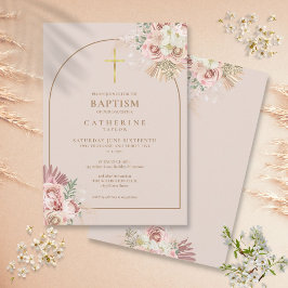 Invitación Niña de hierba de Pampas de oro rosa Bautizo 