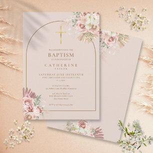 Invitación Niña de hierba de Pampas de oro rosa Bautizo 