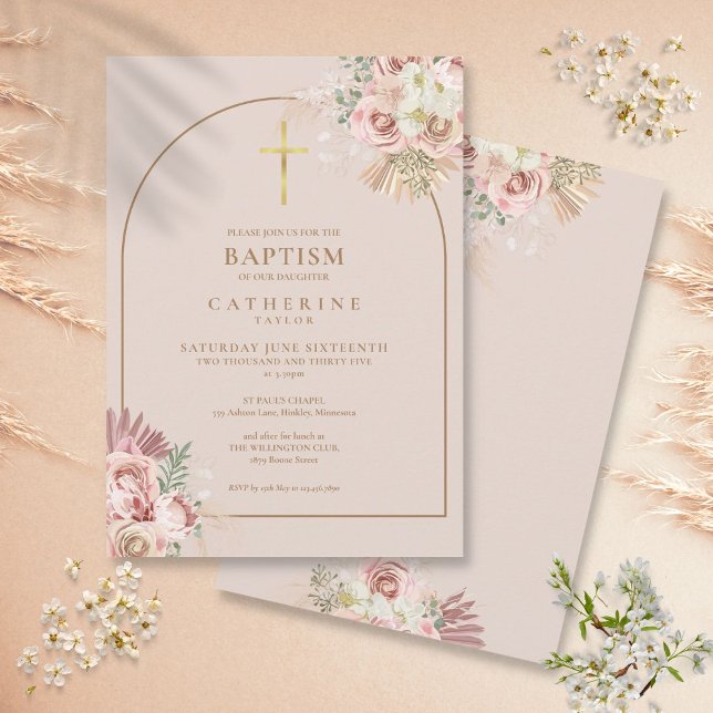 Invitación Niña de hierba de Pampas en oro rosa Bautizo  (Pink Gold Pampas Grass Girl Baptism Christening Invitation)