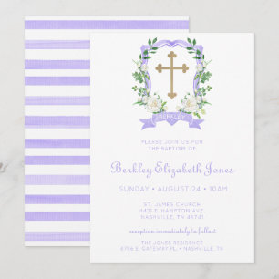 Invitación Niña de la Cresta Floral Púrpura Bautizo