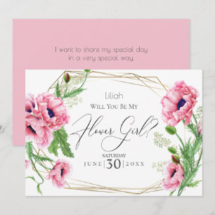 Invitación Niña de las flores   Amapolas acuarela rosa