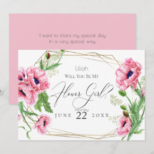Invitación Niña de las flores Amapolas acuarela rosa