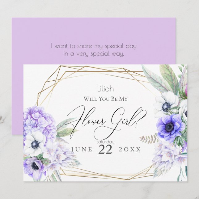 Invitación Niña de las flores | Flor de Anemone Violeta (Anverso / Reverso)