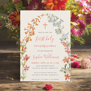 Invitación Niña de las flores Primera Comunión Acuarela Flore