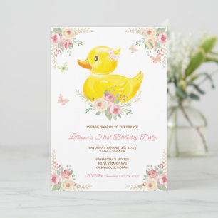 Invitación Niña de pato de goma rosa cumpleaños primero